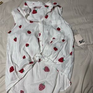 SO White Top with Red Strawberry Print